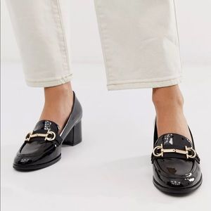ASOS Stirrup mid-heeled loafers in black patent
